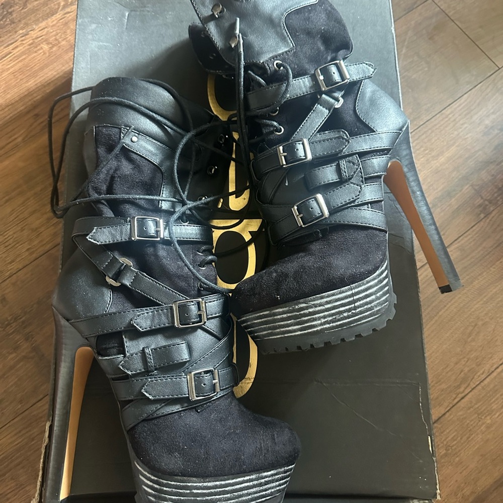 bebe Black Strappy Heeled Boots